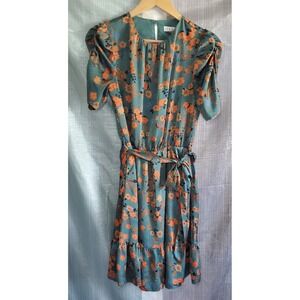 THML Teal Orange Floral Puff Sleeve Midi Dress‎ XS